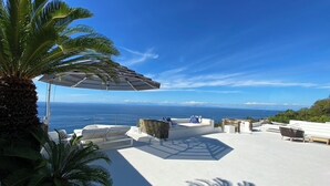 Una terrazza sul tetto con vista aperta sull'oceano, palme e un'area salotto esterna moderna.