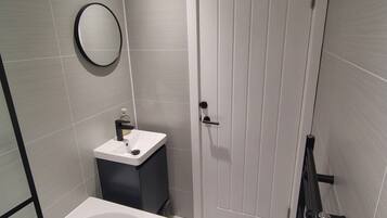 Hair dryer, towels, soap, toilet paper