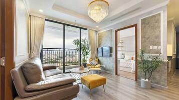 Presidentiële suite, 2 slaapkamers, toegang tot de clublounge, uitzicht op haven | Lakens van Egyptisch katoen, luxe beddengoed, donsdekens