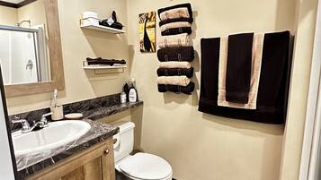 Chuveiro, secador de cabelo, toalhas de banho, sabonete