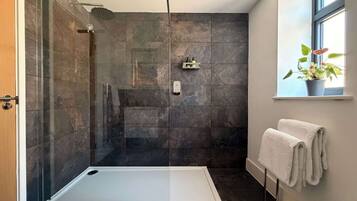 Shower, hair dryer, towels, shampoo