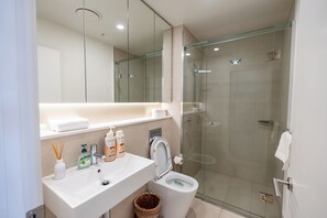 Shower, hair dryer, towels, soap