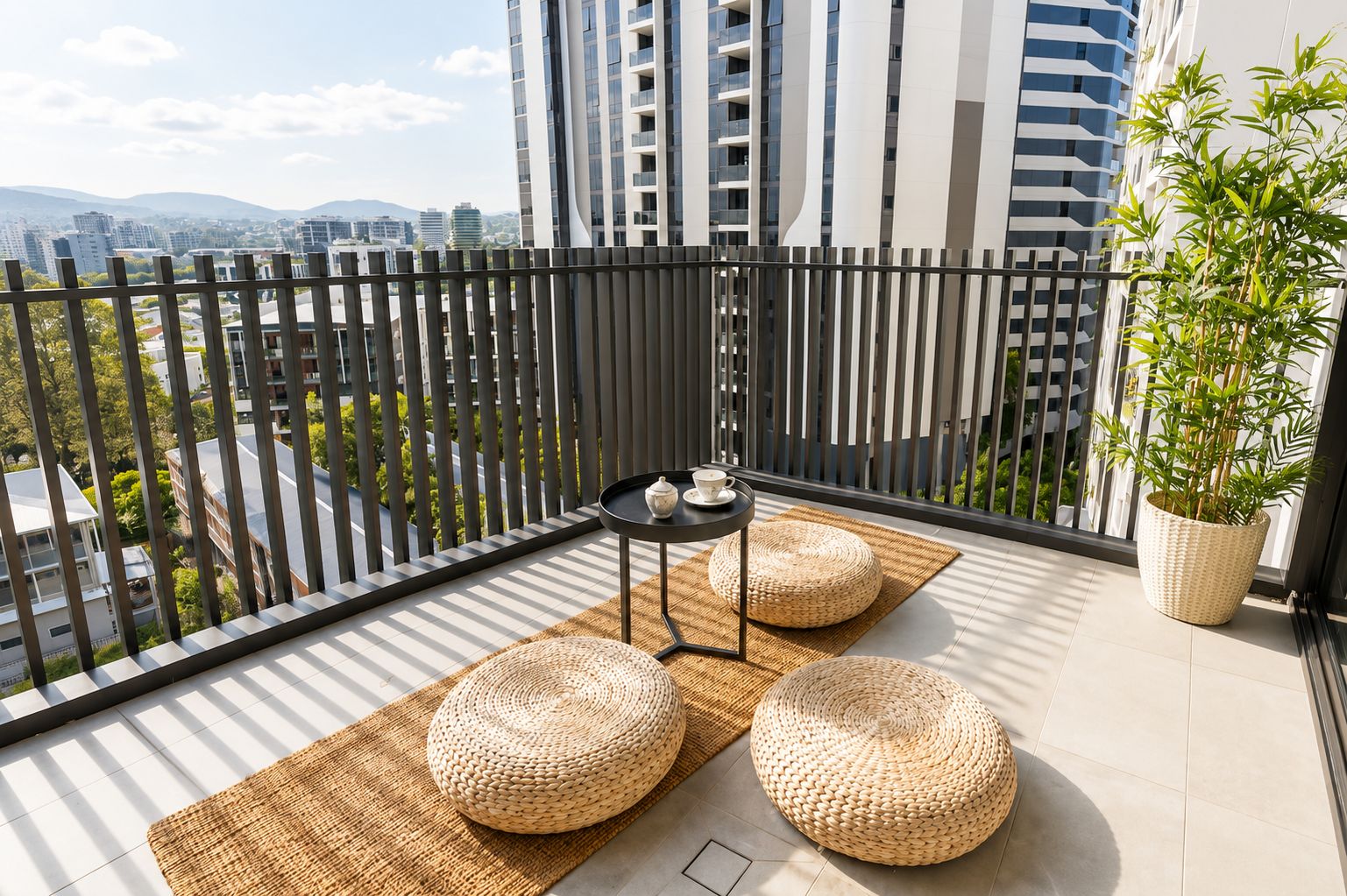 A balcony with a view of a cityscape, featuring a table with a teapot and two woven poufs.