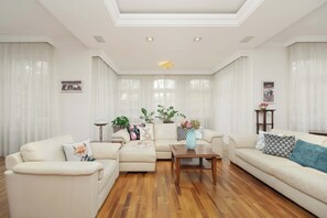 Televisio, takka, työhuone