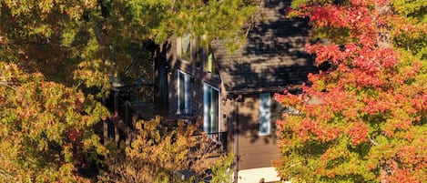 A house surrounded by autumn foliage, with a visible deck and windows.