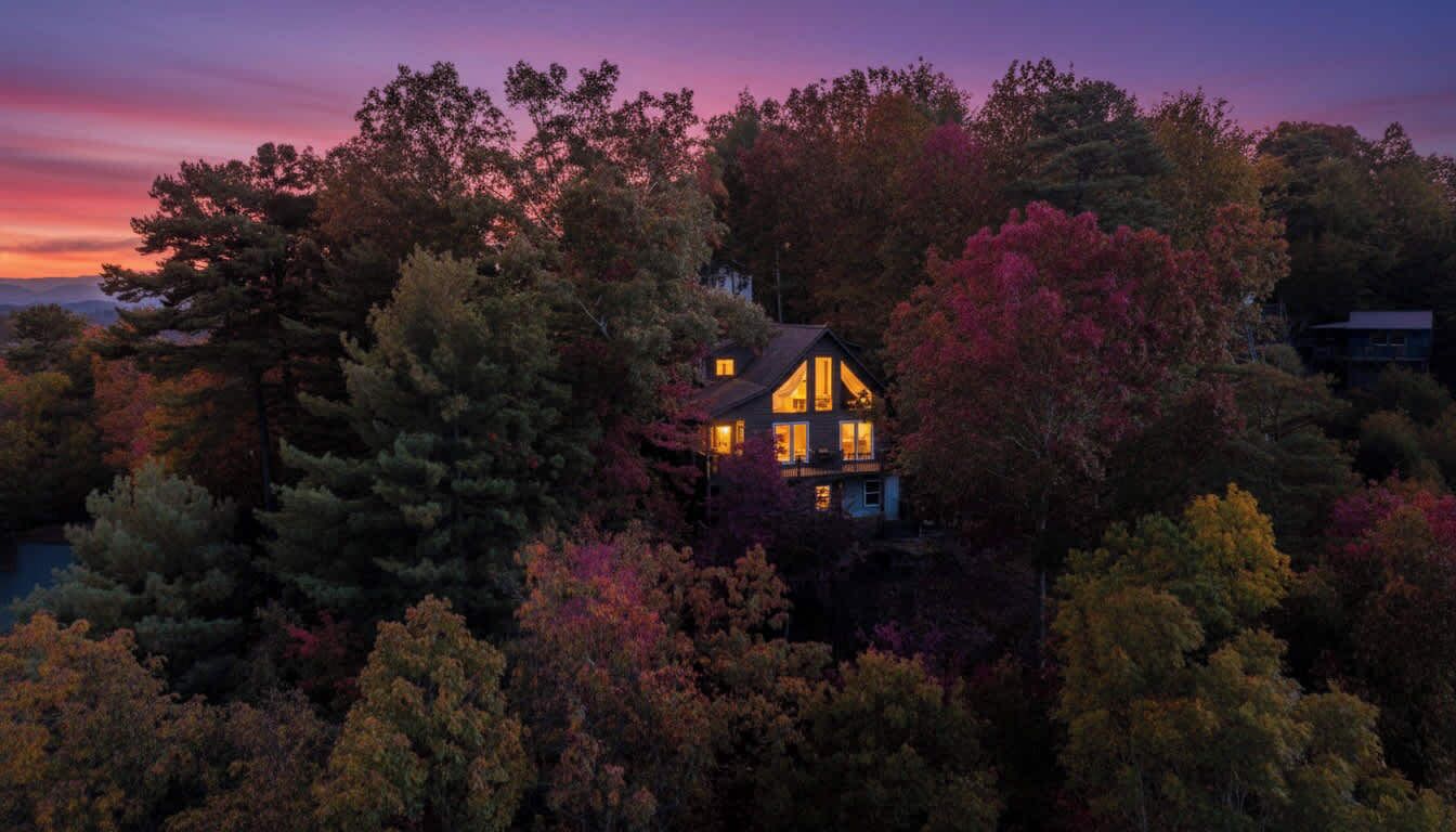 Une maison entourée d’arbres, au crépuscule.