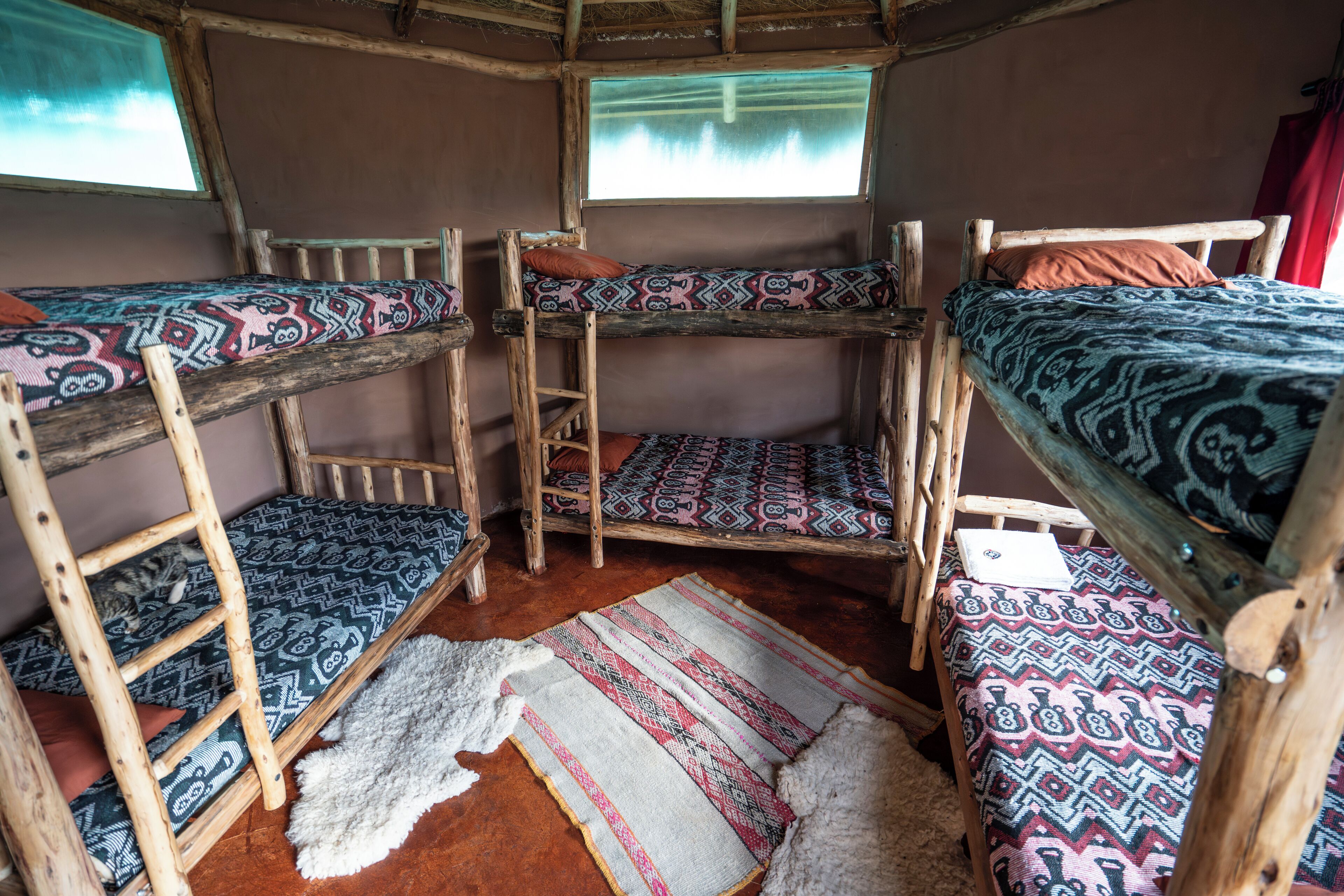 A rustic room with bunk beds, a ladder, and a patterned rug.
