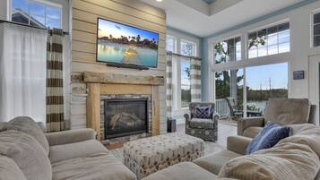 TV, fireplace, books