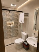 A modern bathroom with a glass shower enclosure, a toilet, a sink, and a mirror.