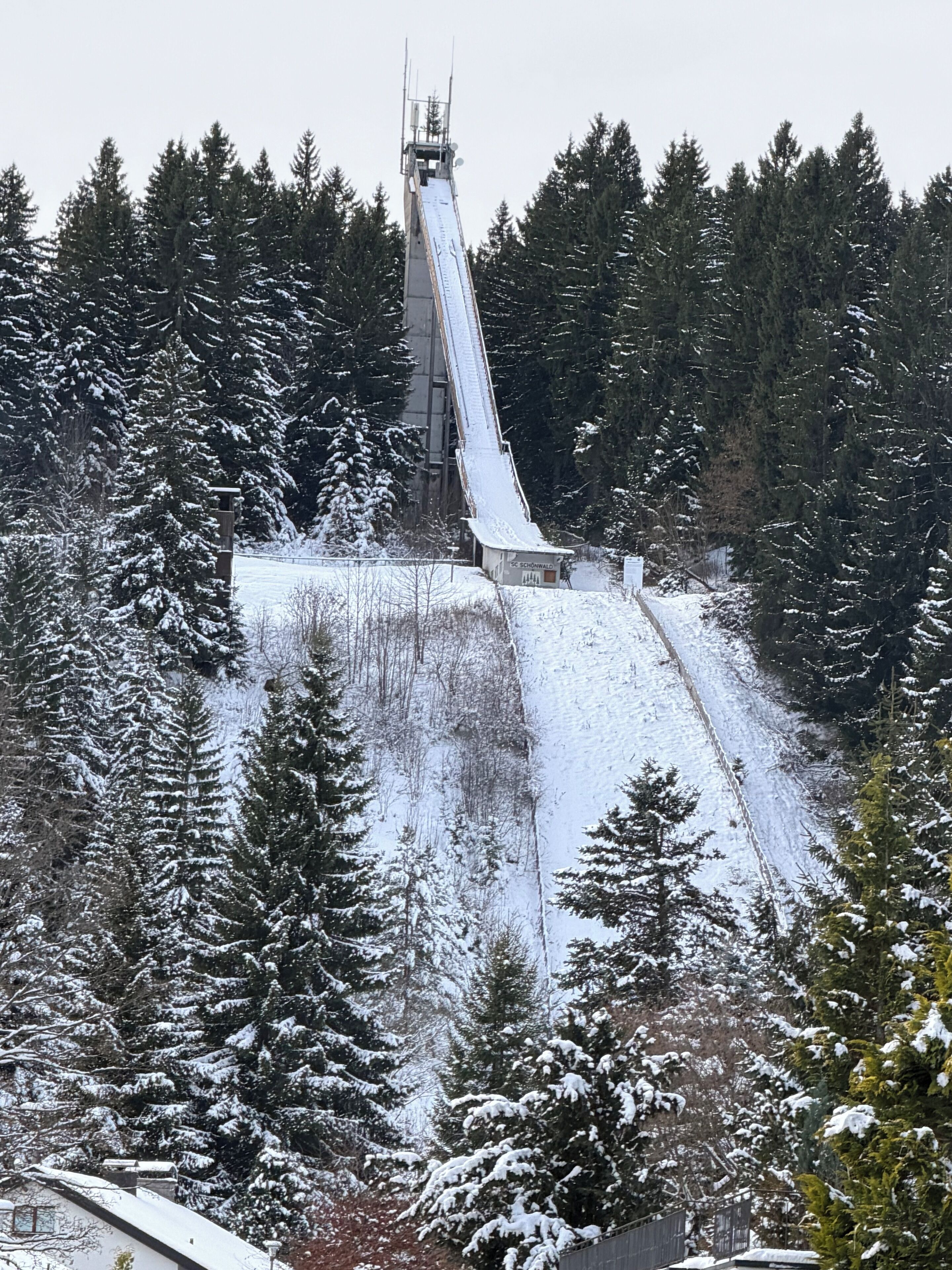 Un telesilla cubierto de nieve en un área boscosa.