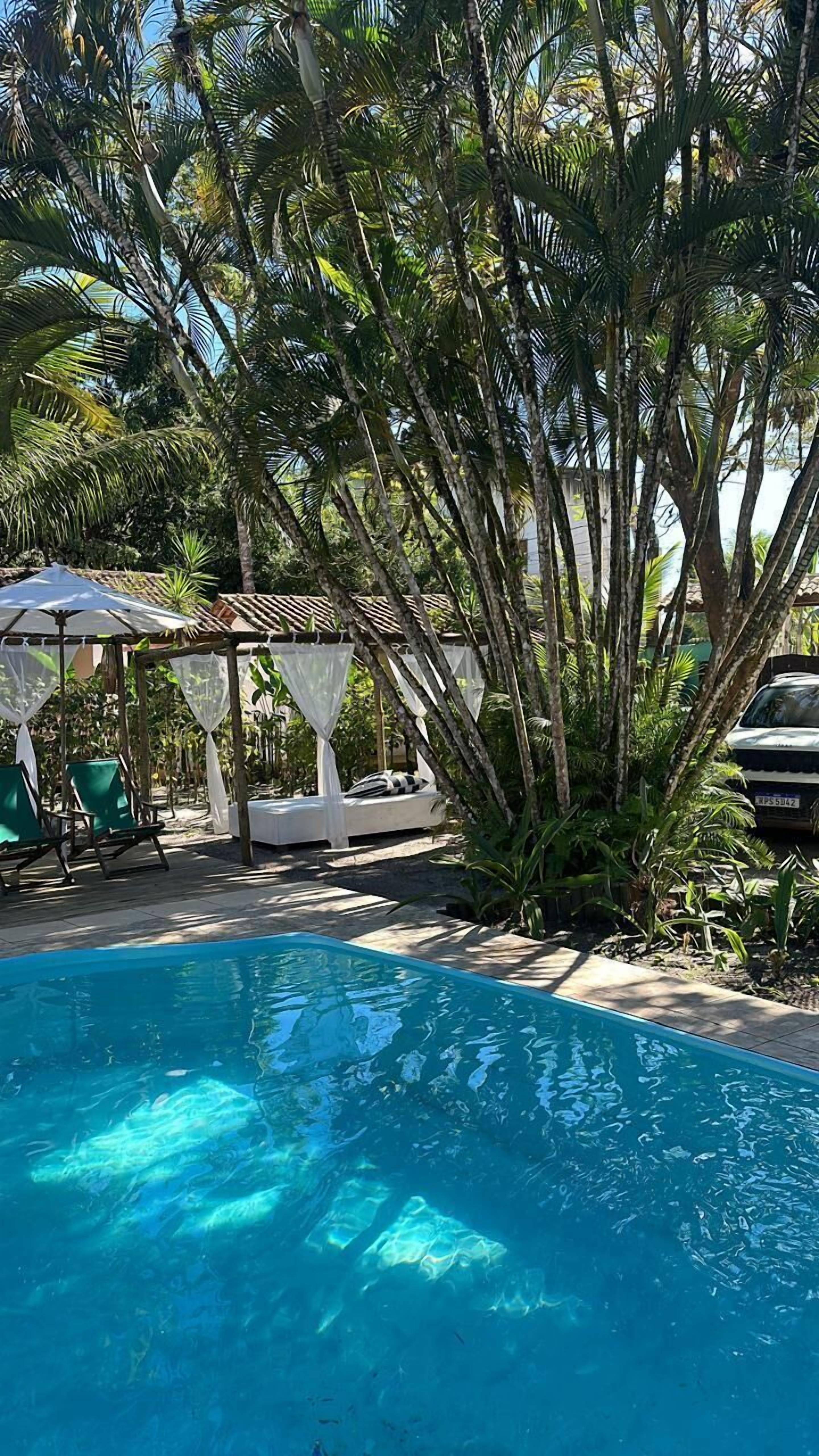 室外游泳池，池畔遮阳伞，日光浴躺椅