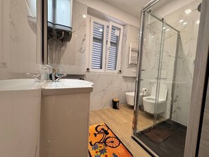 Shower, bidet, towels, soap