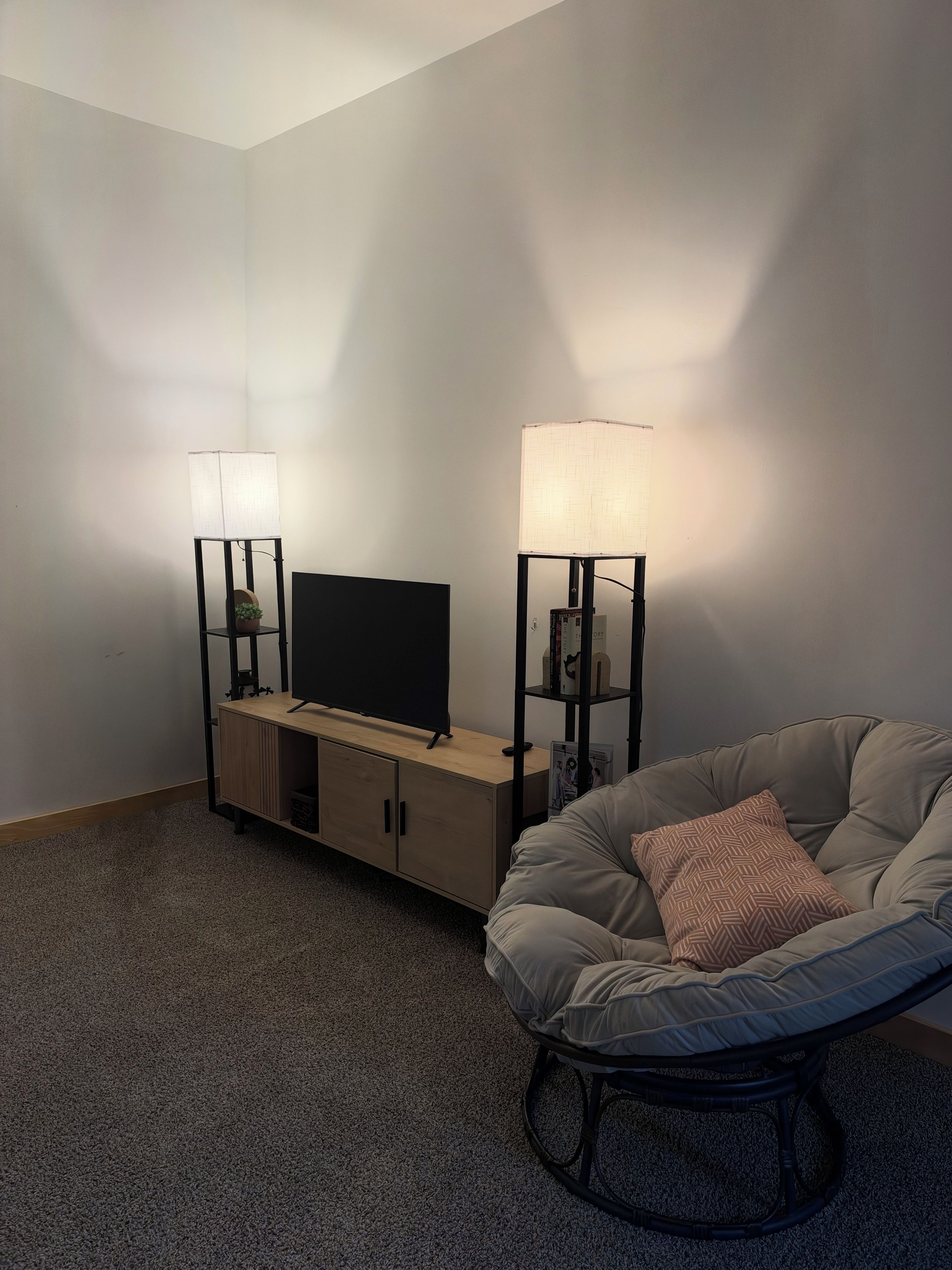 Quarto com televisão de tela plana sobre um armário de madeira, duas luminárias de chão, um sofá cinza com almofada estampada e um pequeno vaso de planta.