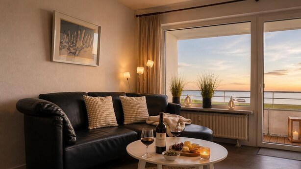Een moderne woonkamer met een zwarte leren bank, een ronde salontafel met wijn, kaas en olijven, en uitzicht op zee door grote ramen.