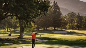 A golf course with a player in an orange shirt preparing to swing. - Elegant Napa Escape Walk to Wineries & Dining (Napa)
