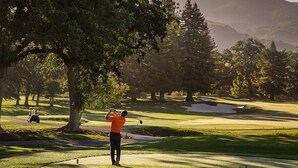 Un terrain de golf où un joueur, vêtu d’un maillot orange, se prépare à frapper la balle.