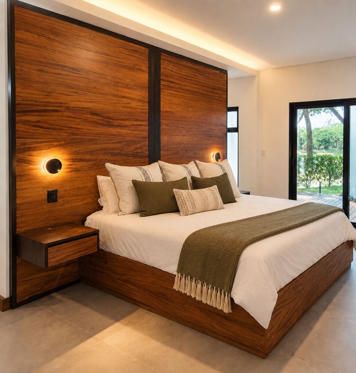 Un dormitorio moderno con una cama grande, cabecera de madera, lámparas de noche y vistas a zonas verdes.
