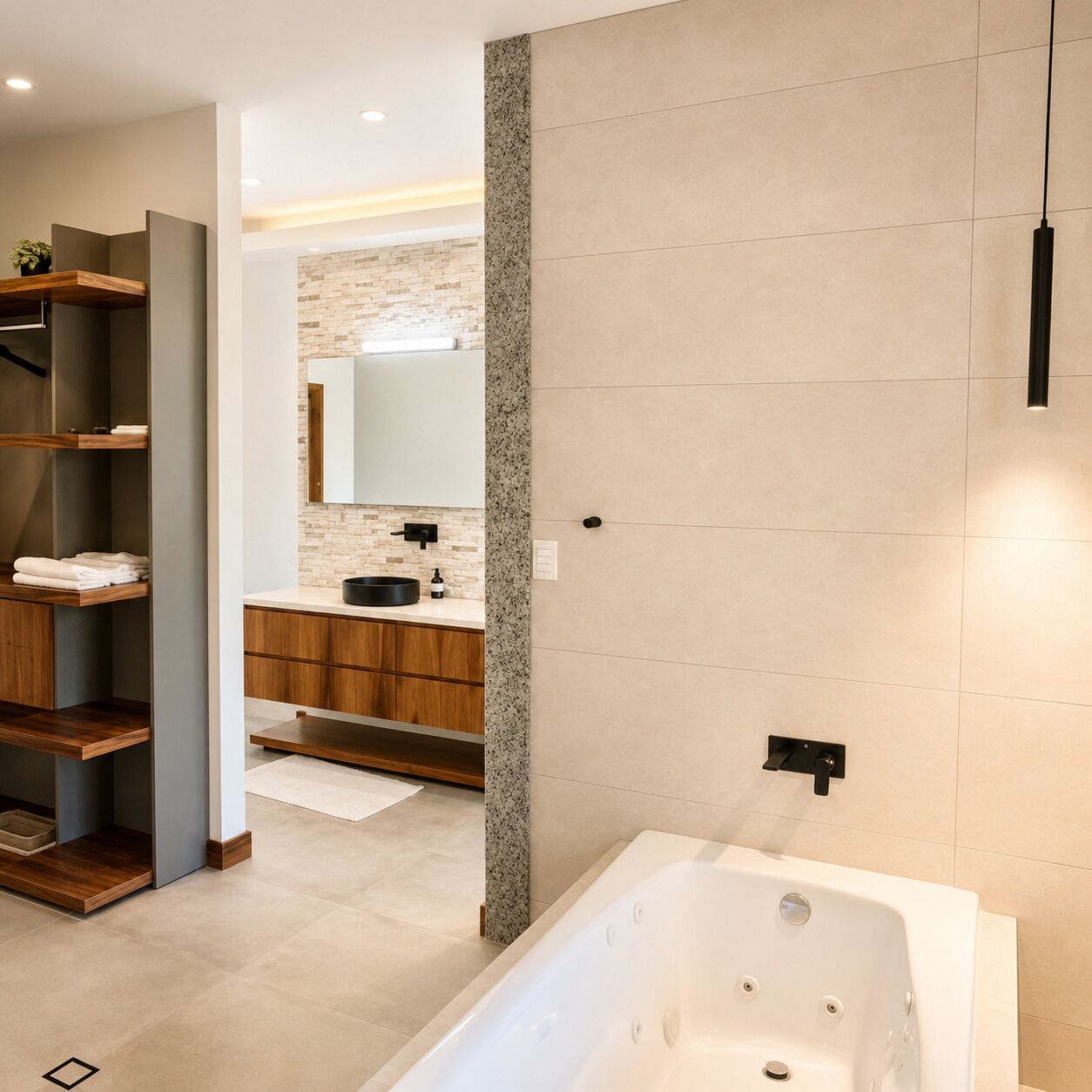 A modern bathroom with a freestanding bathtub, wooden shelving, and a stone accent wall.