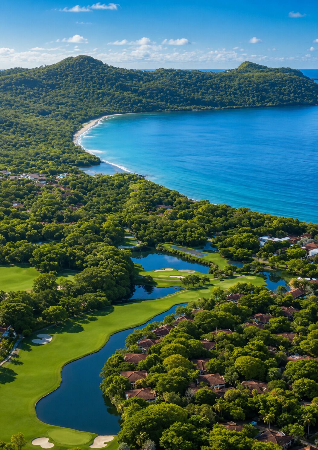 A golf course with water hazards, surrounded by dense greenery and a coastal view.