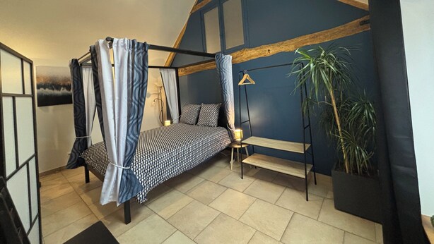 A bedroom with a bed, a hanging light, a plant, and a window. - Le Merisier (Épieds)