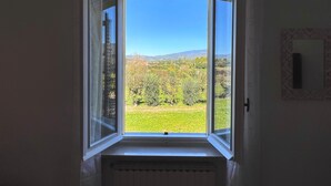 Una habitación con ventana que da a un paisaje verde y colinas lejanas.