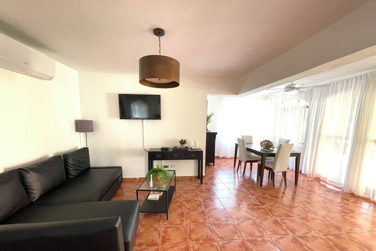 A living room with a sofa, a TV, a desk, and a dining area with chairs and a table.