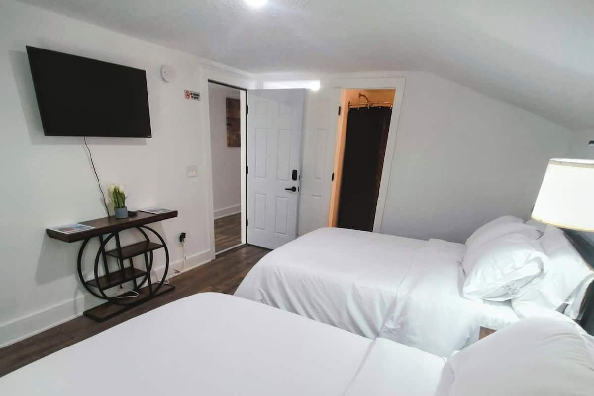 Une chambre d’hôtel avec deux lits, un téléviseur fixé au mur, une petite table avec une plante et une porte donnant sur une autre pièce.