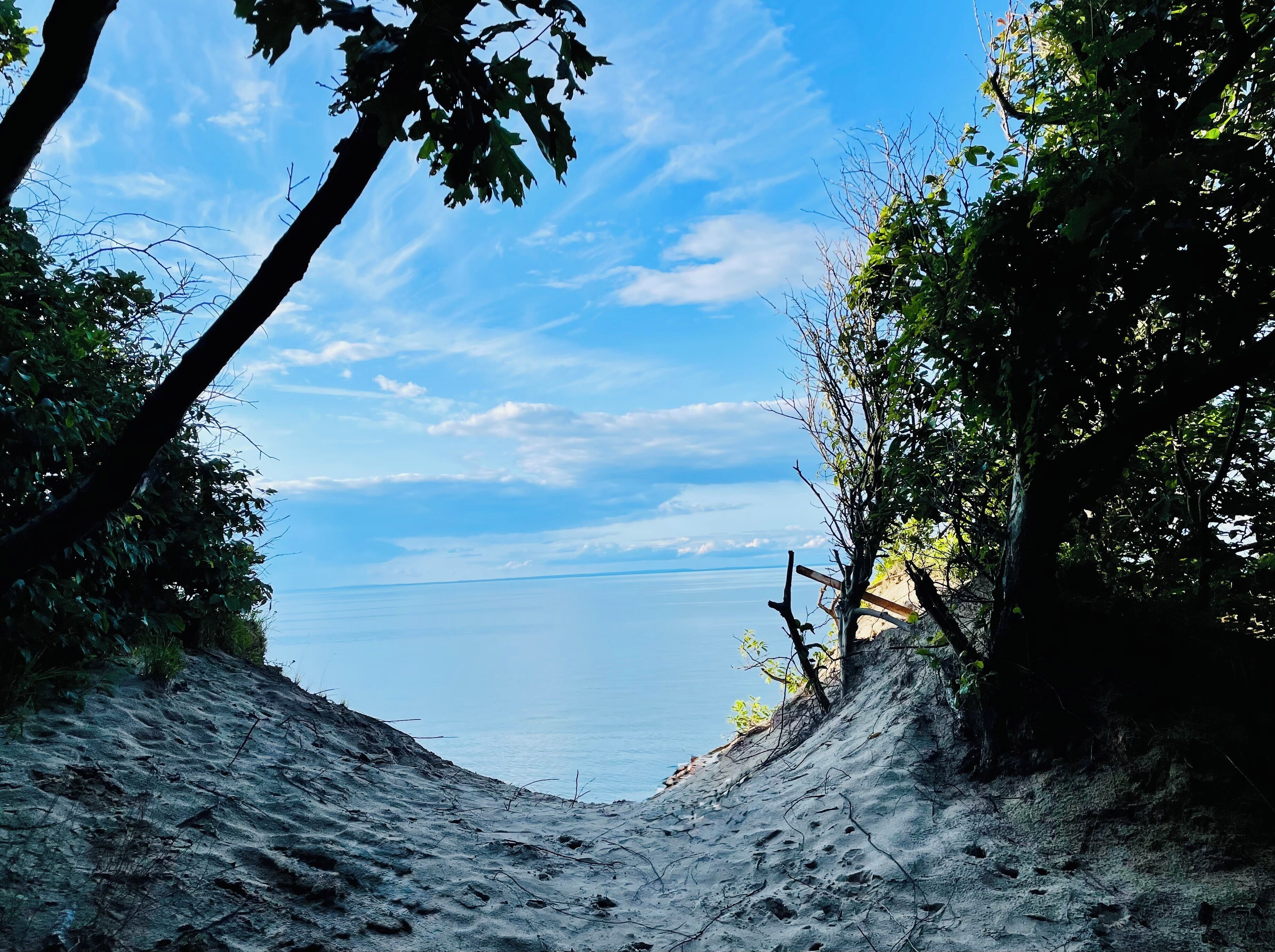 Une plage offrant une vue dégagée sur la mer, bordée d’arbres et d’un sentier rocheux.
