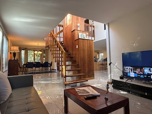 Smart TV, fireplace, stereo, computer monitors