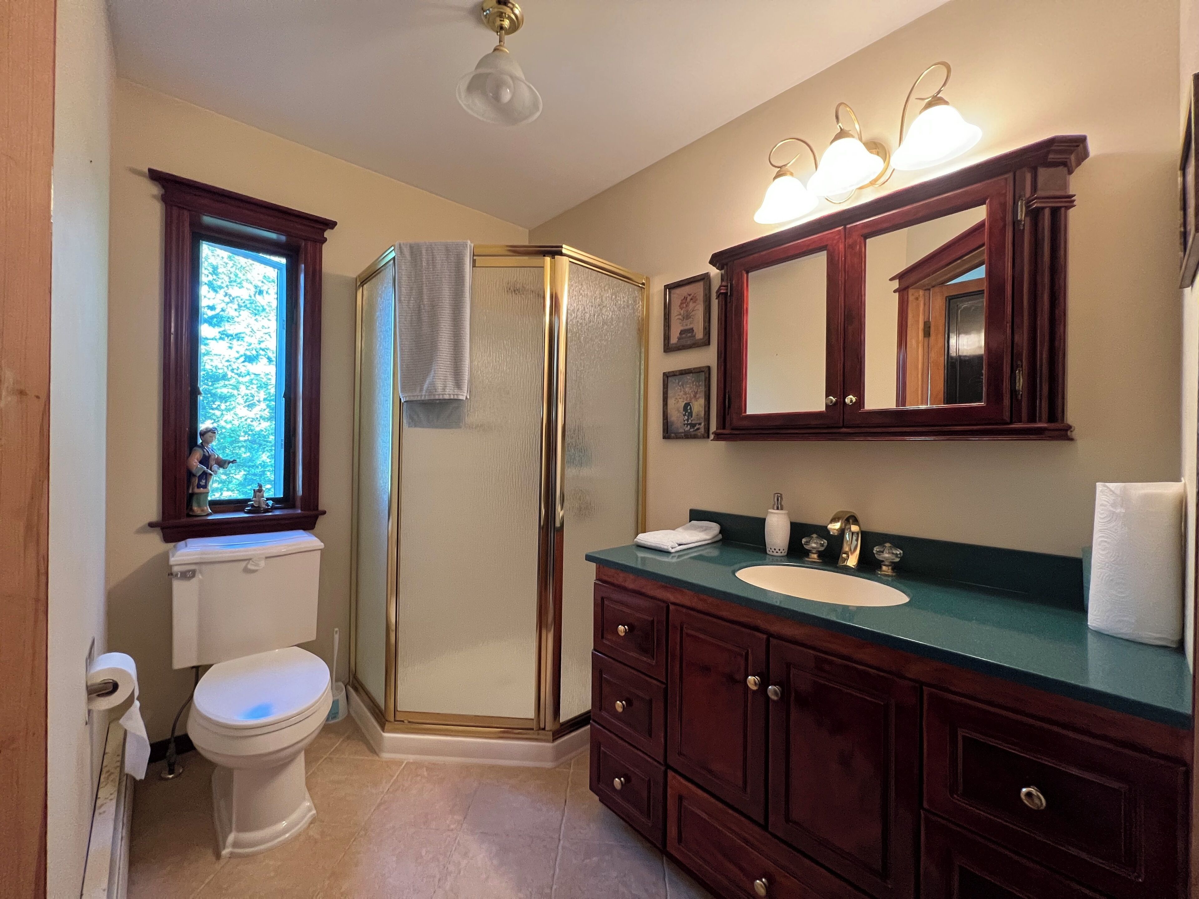 Ein Badezimmer mit Toilette, Dusche, Waschtisch und Spiegel.