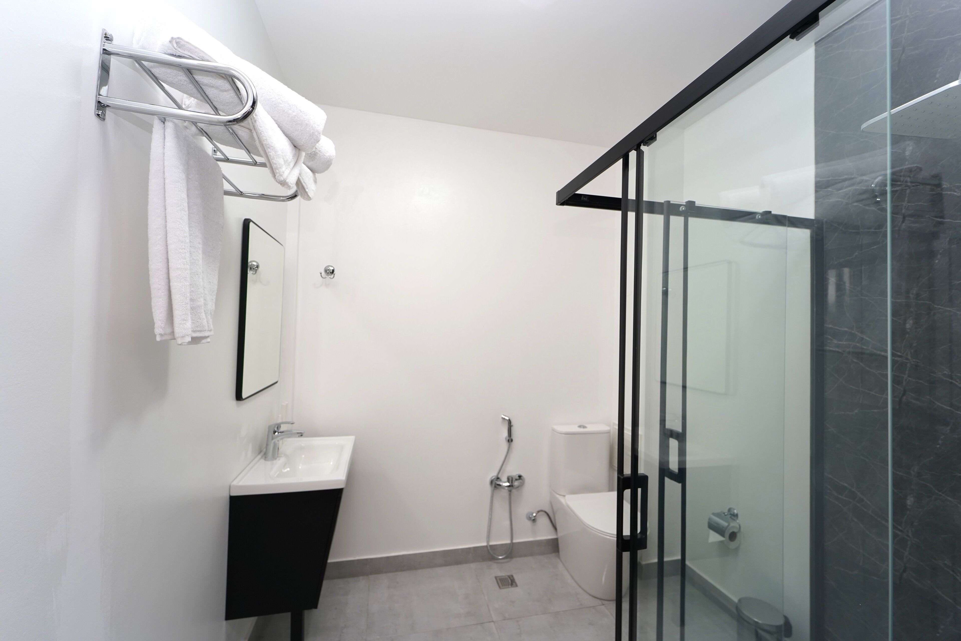 A modern bathroom with a glass shower enclosure, a white sink, and a towel rack.