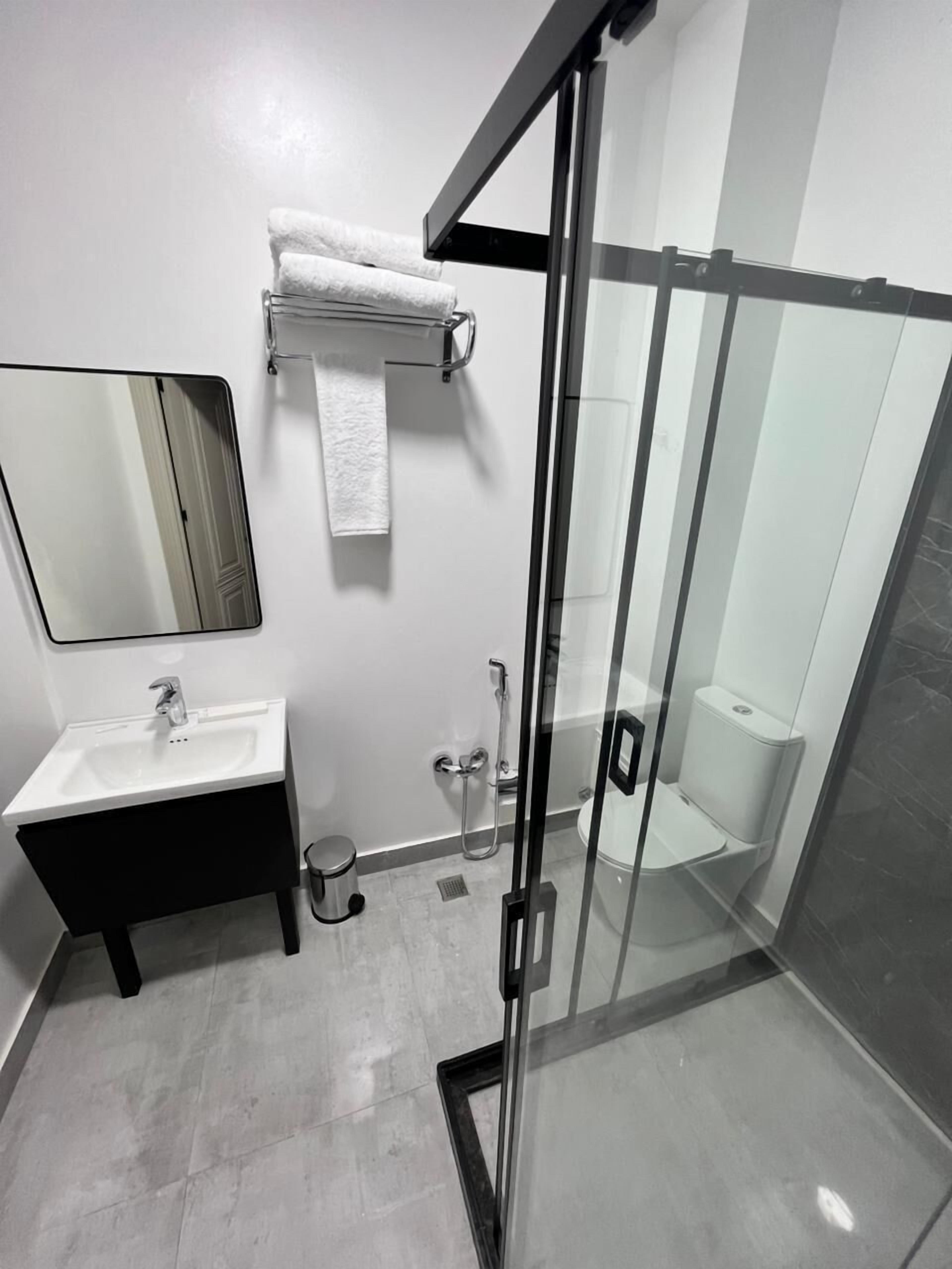 A modern bathroom with a glass shower enclosure, a sink with a mirror, and a towel rack.