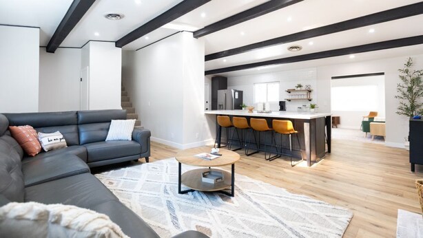 Ein modernes Wohnzimmer mit einem dunklen Sofa, einem Couchtisch und einem gemusterten Teppich.