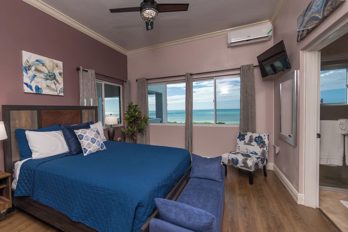 Un dormitorio con una cama grande, una silla, un televisor y vistas al océano.
