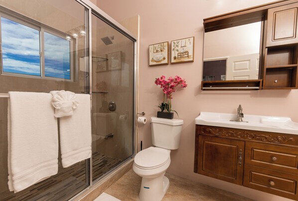 A bathroom with a glass shower enclosure, a white toilet, a sink with a mirror, and decorative wall art. - Majestic Heights Bed & Breakfast (Treasure Beach)