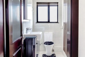 Shower, towels, soap, toilet paper