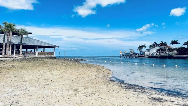 A beach with a pavilion, a pier with boats, and a clear sky. - 4BR Waterfront | Boat Dock + Pool | 11-Min Walk to Beach | Sleeps 8 (Hudson)