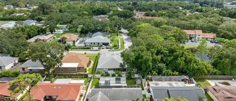A residential area with houses, green lawns, and trees.