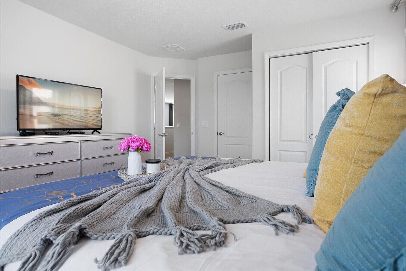 A bedroom with a bed, a television, a dresser, and a door.