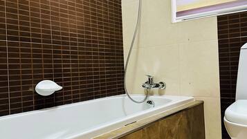 Hair dryer, towels, soap, toilet paper