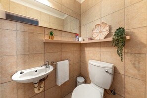 Douche, sèche-cheveux, serviettes fournies, savon