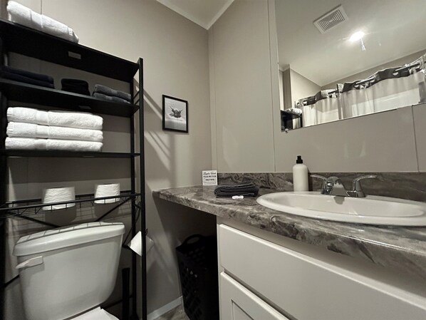 A bathroom with a marble sink, a toilet, a towel rack with folded towels, a trash bin, and a framed picture on the wall.