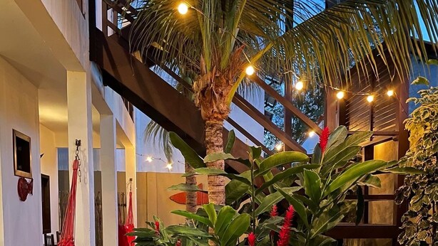 A covered outdoor area with a palm tree, hanging red fabric, and string lights. - Pousada Atlantis (Jijoca de Jericoacoara)