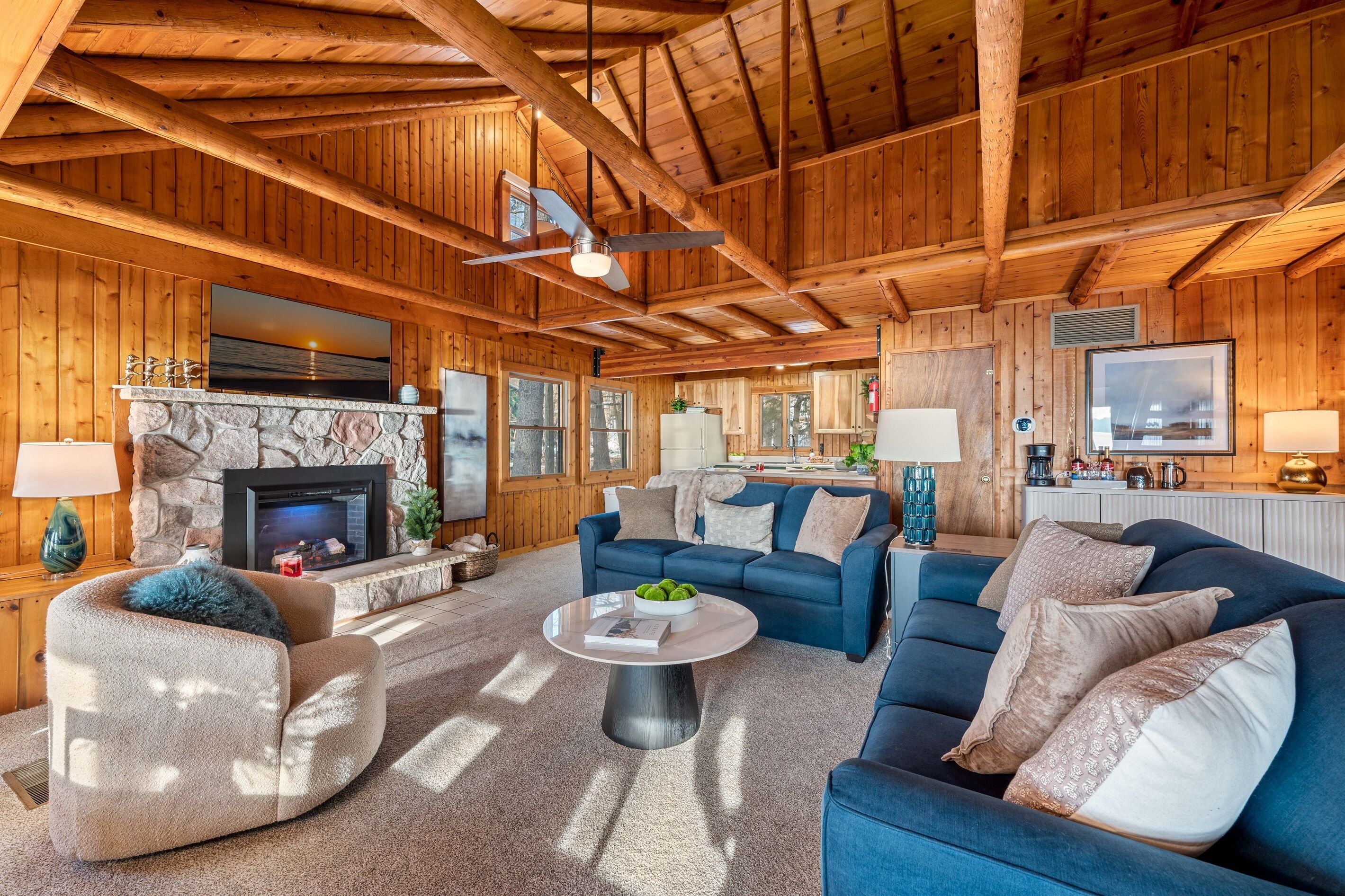 Smart TV, fireplace, books