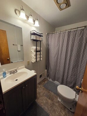 Hair dryer, towels, soap, shampoo