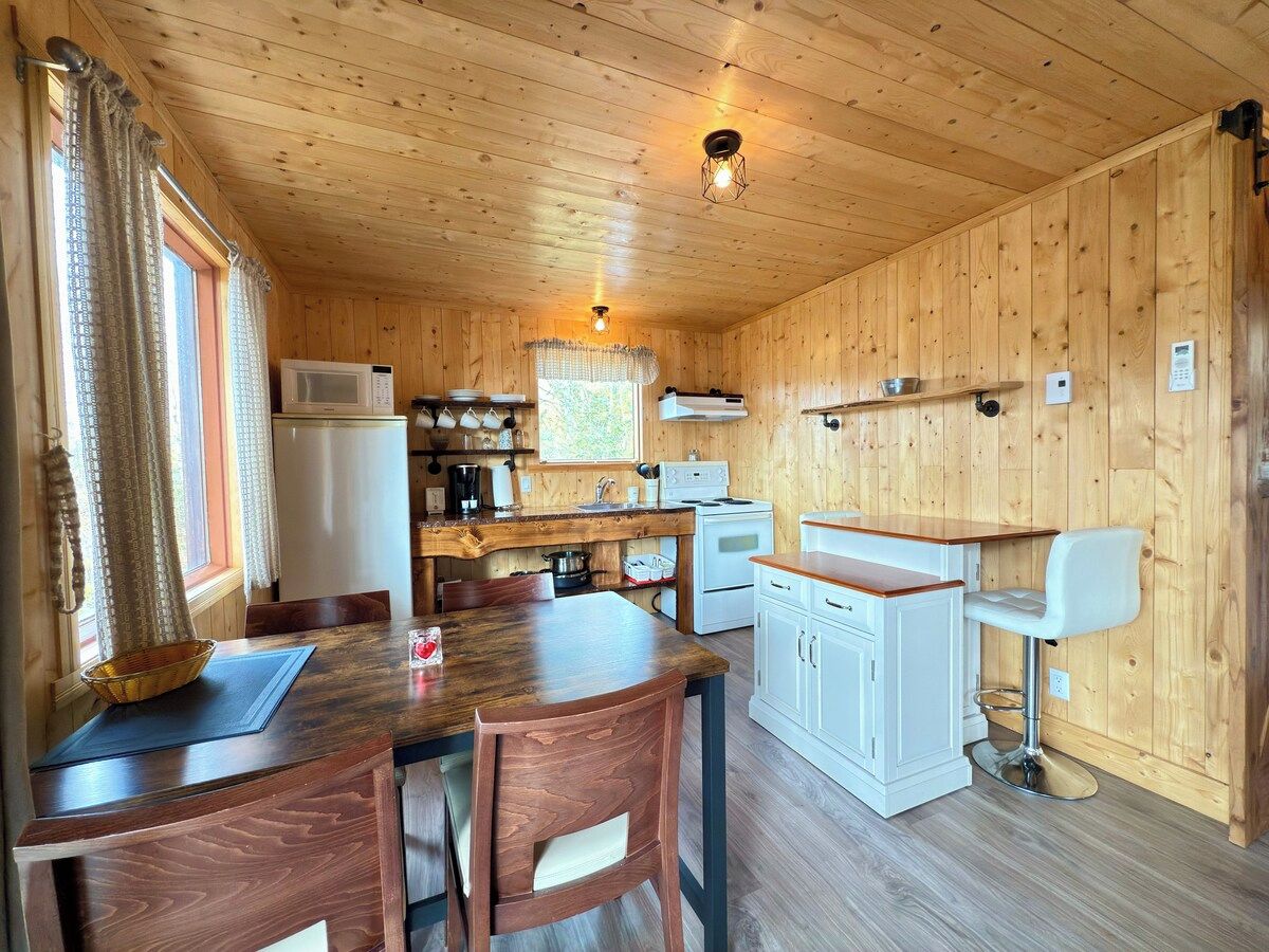 Een keuken met houten lambrisering, een eettafel, stoelen, een magnetron, een fornuis en een klein barretje.