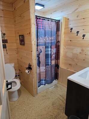 Shower, towels, toilet paper