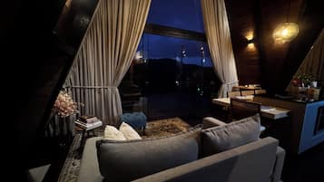 Smart TV, fireplace, books