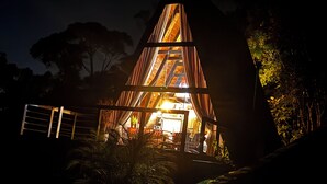 Un edificio moderno de forma triangular con fachada de vidrio, rodeado de abundante follaje.