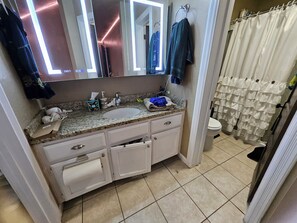 Secador de cabelo, toalhas de banho, sabonete, papel higiênico